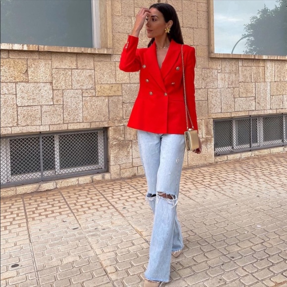 👸🏻 Zara Red Textured Double Breasted Blazer NWT - Picture 15 of 17